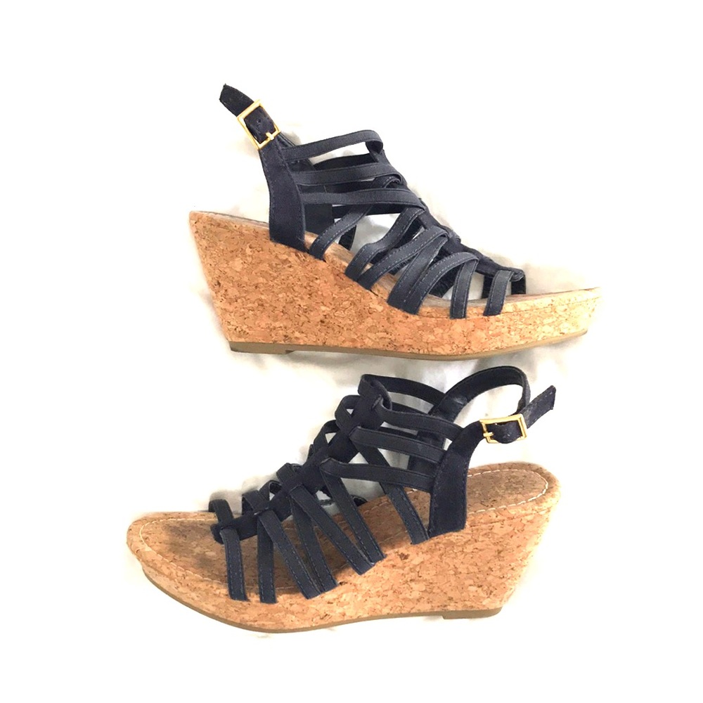 Maurice’s cork and navy wedge sandals